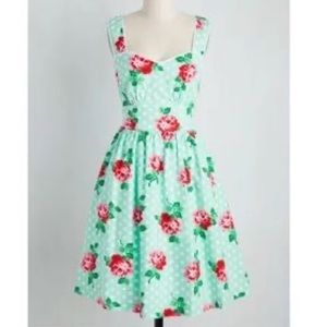 ModCloth Mint Polka Dot Roses Print Tea Dress